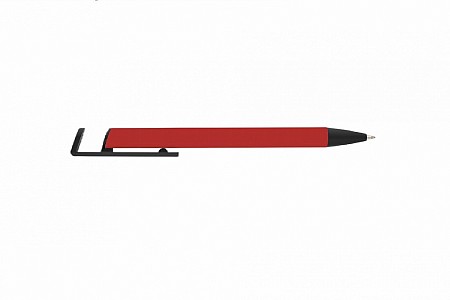 Długopis aluminiowy z gumowaną powierzchnią i stojakiem na telefon ciemno czerwony